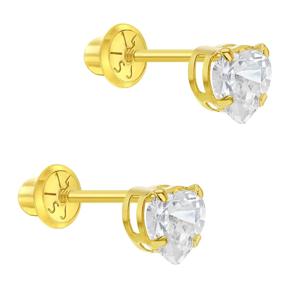 14k Classic 5mm CZ Heart Earrings - Screw Back