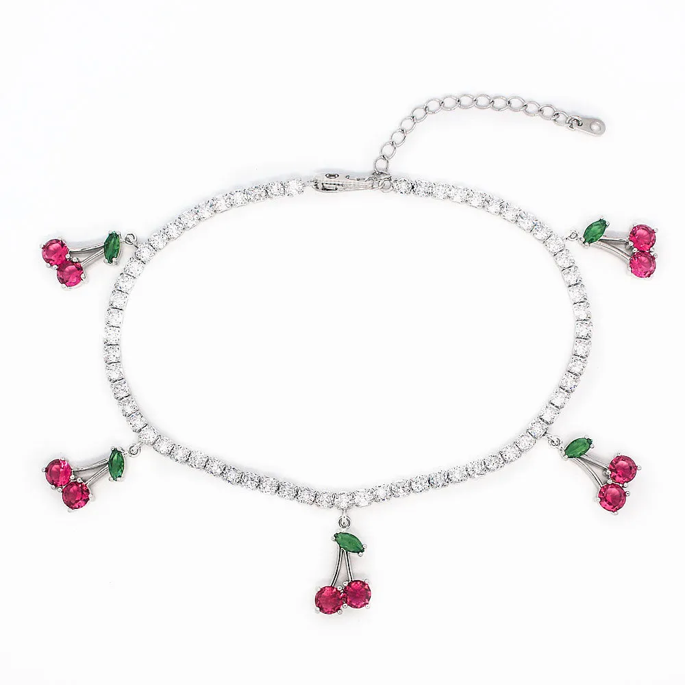 18K Diamond Cherry Tennis Anklet in White Gold