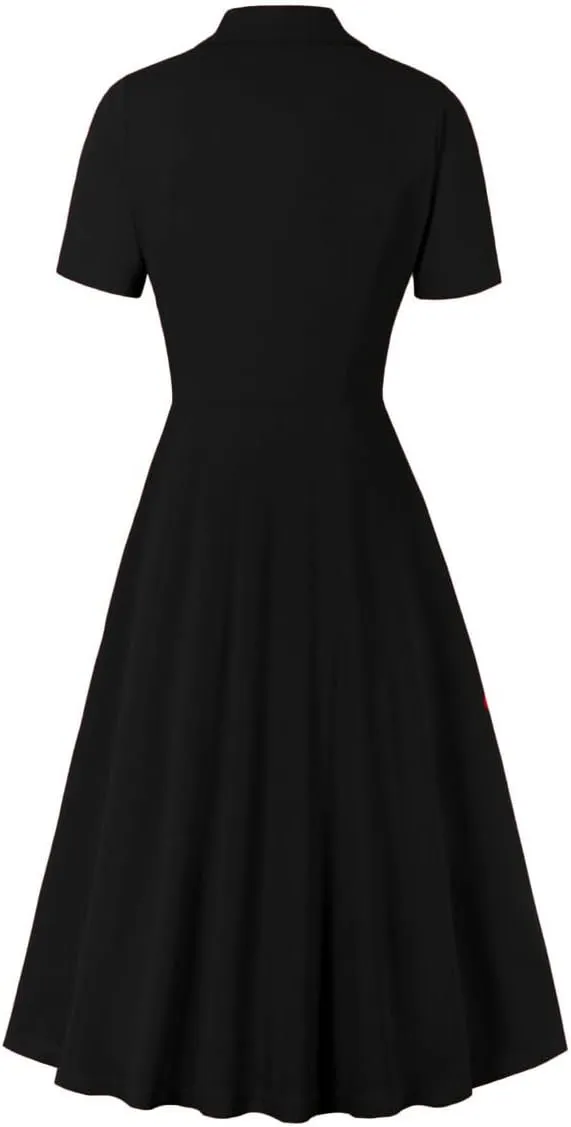 1950s Dresses for Women Vintage Rockabilly Retro Short Sleeve Tie Midi Dress Cocktail Party Evening Prom Gown