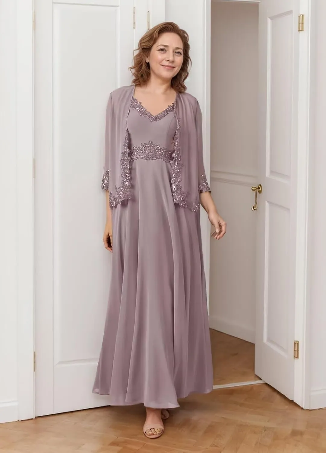 2 Piece Mother of The Bride Dresses Lace Chiffon V Neck Grandmother of The Groom Dresses