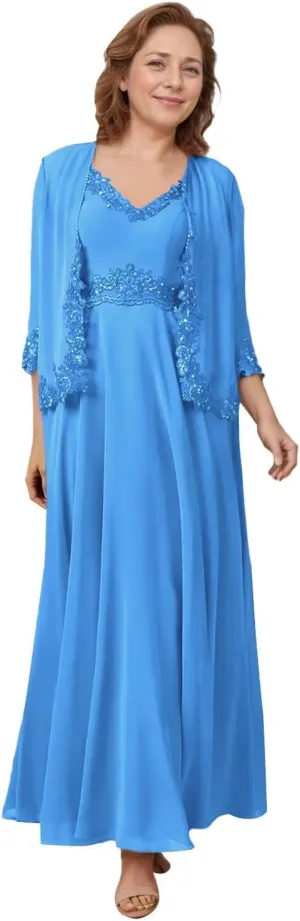 2 Piece Mother of The Bride Dresses Lace Chiffon V Neck Grandmother of The Groom Dresses