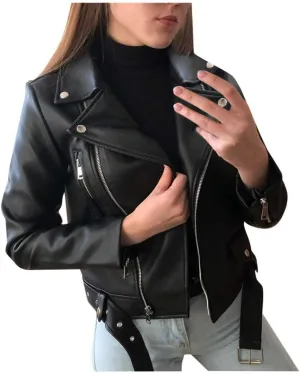 2024 Fall Women's Faux Leather Biker Motorcycle Jackets Plus Size Long Sleeve Zipper Slim Fit Short Casual Coat Outwear