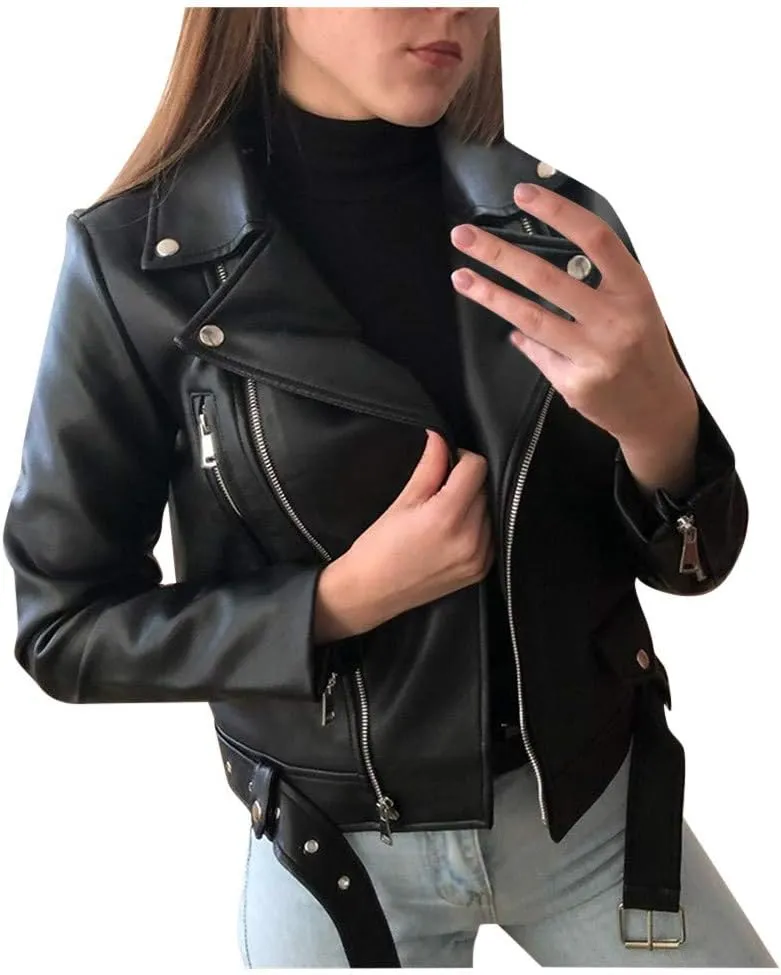 2024 Fall Women's Faux Leather Biker Motorcycle Jackets Plus Size Long Sleeve Zipper Slim Fit Short Casual Coat Outwear