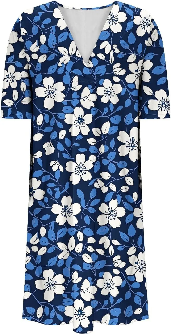 2025 Women's Spring Summer Dresses Funny Fashion Floral Printed Short Sleeve Casual V-Neck Maxi Dress
