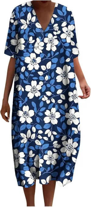 2025 Women's Spring Summer Dresses Funny Fashion Floral Printed Short Sleeve Casual V-Neck Maxi Dress