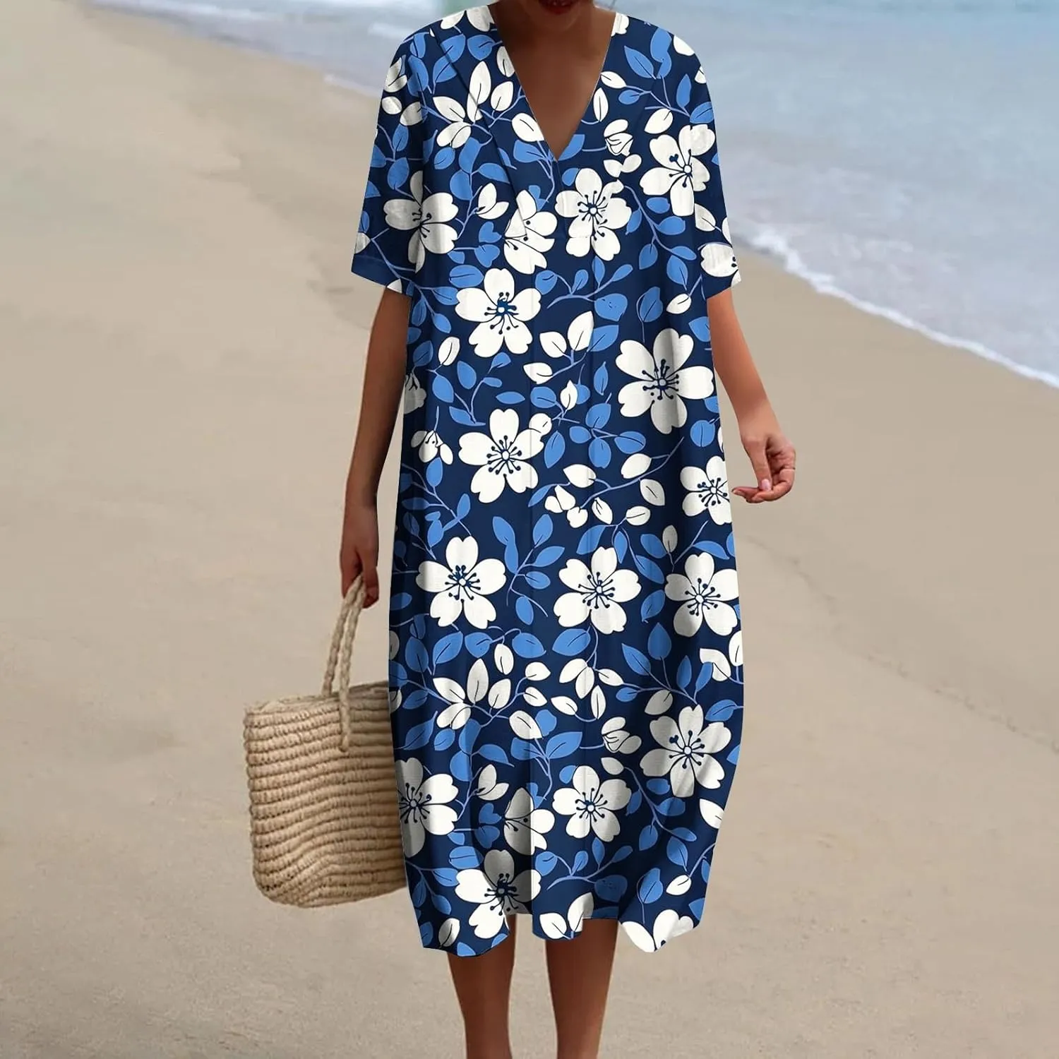 2025 Women's Spring Summer Dresses Funny Fashion Floral Printed Short Sleeve Casual V-Neck Maxi Dress