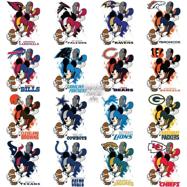 32 Touch Down Mouse Cartoon Football Teams Designs Bundle PNG