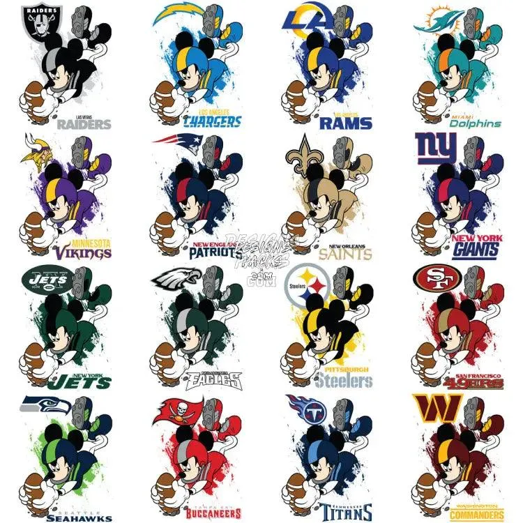 32 Touch Down Mouse Cartoon Football Teams Designs Bundle PNG