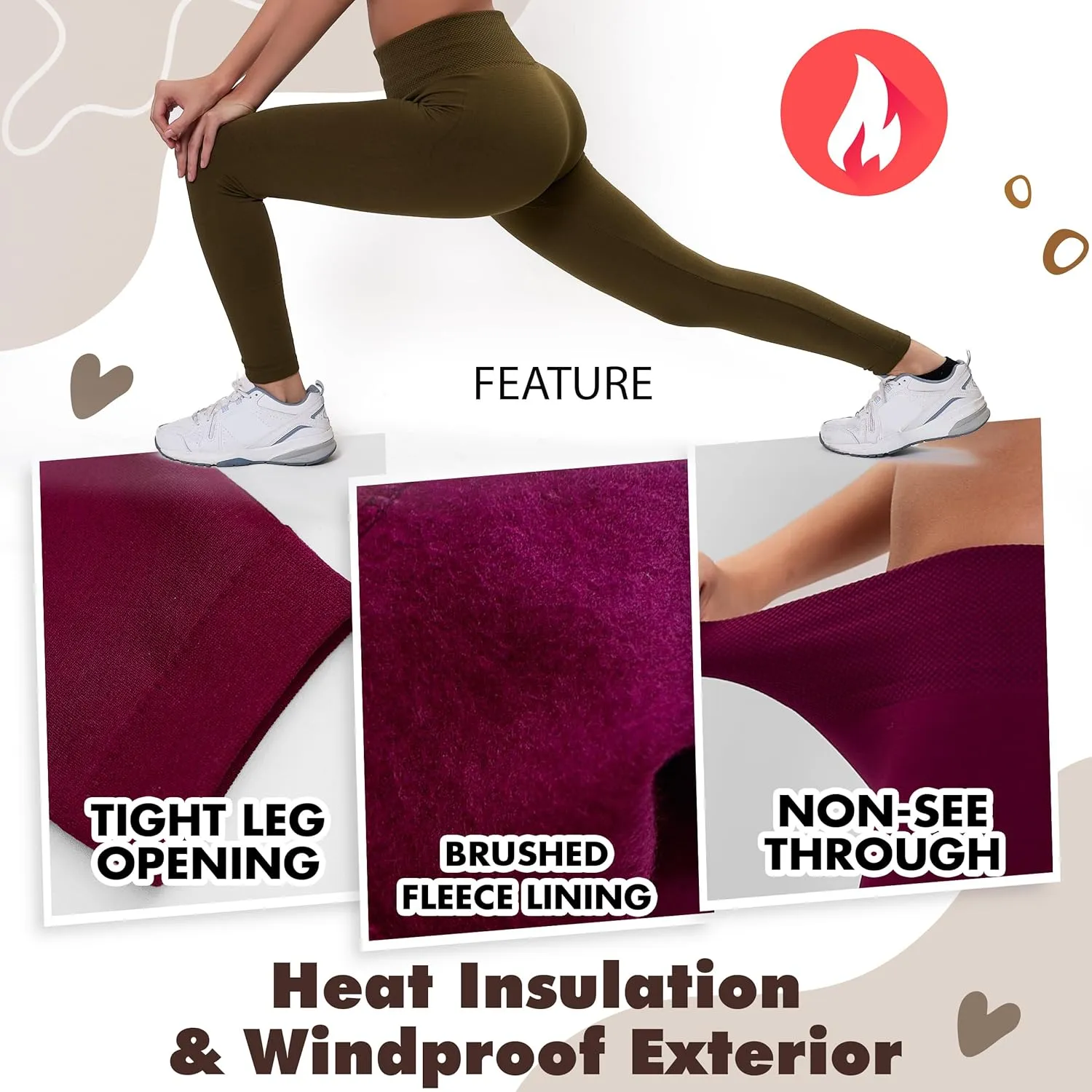 Active Club 3 or 6-Pack Fleece Lined Leggings for Women, High-Waisted Womens Leggings with Wide Waistband and Fleece Lining