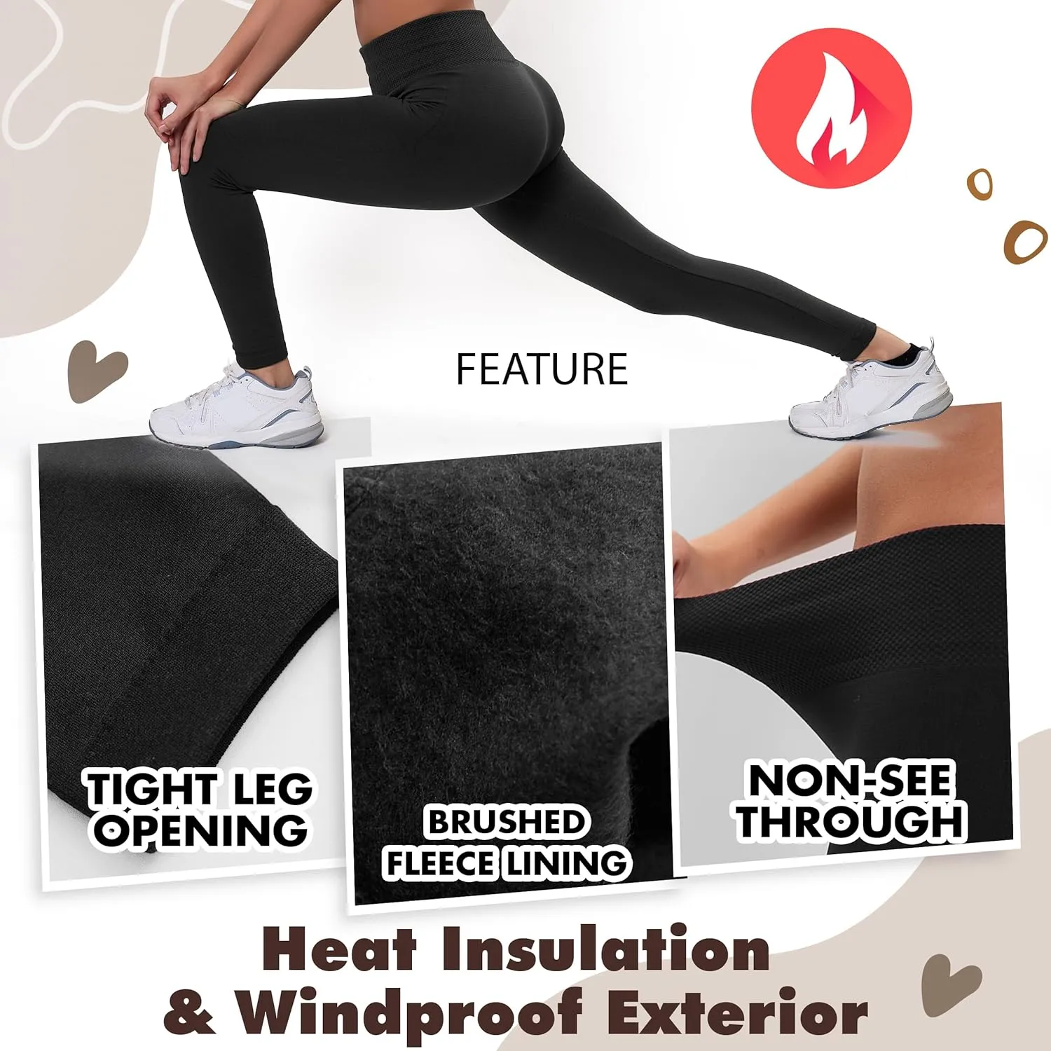 Active Club 3 or 6-Pack Fleece Lined Leggings for Women, High-Waisted Womens Leggings with Wide Waistband and Fleece Lining