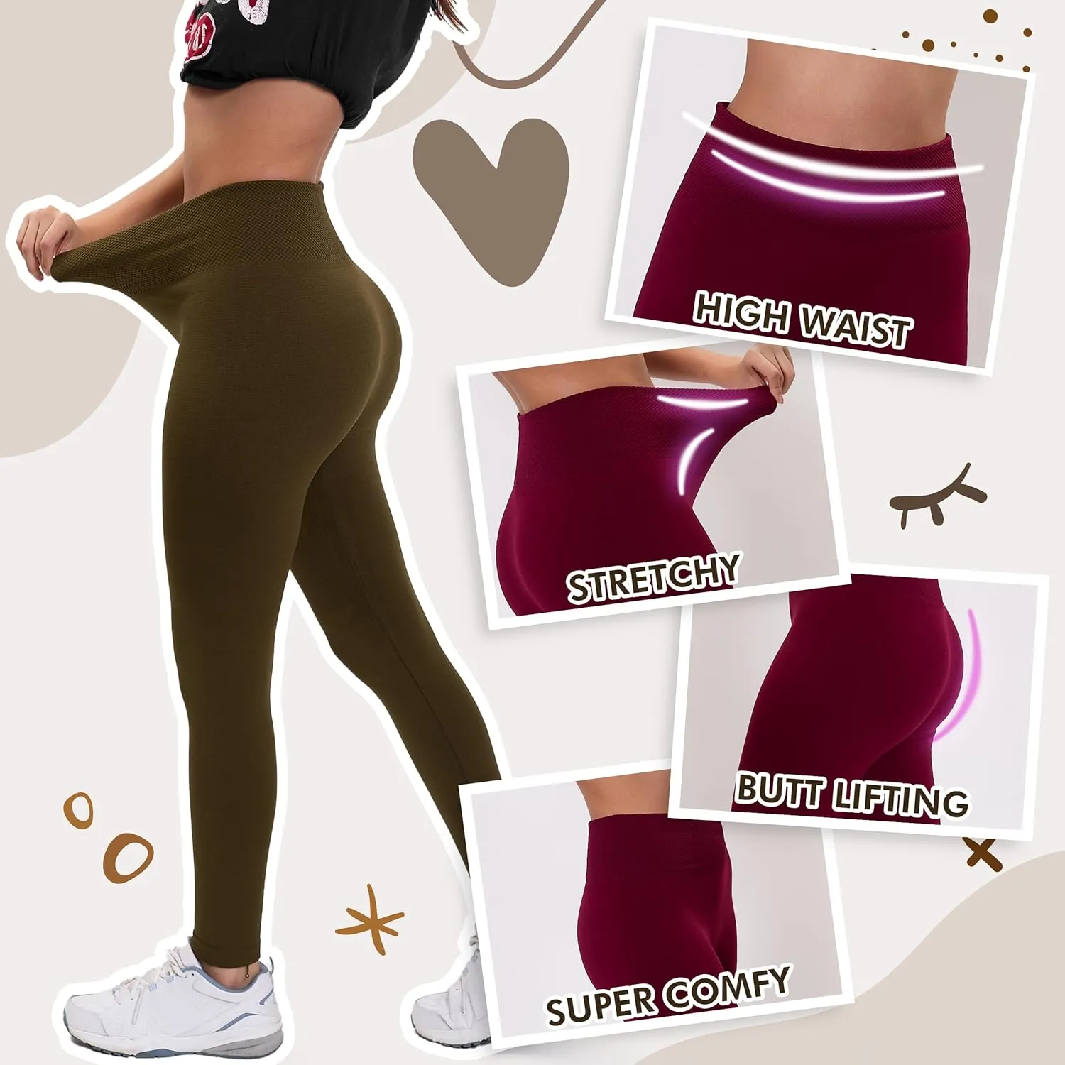 Active Club 3 or 6-Pack Fleece Lined Leggings for Women, High-Waisted Womens Leggings with Wide Waistband and Fleece Lining