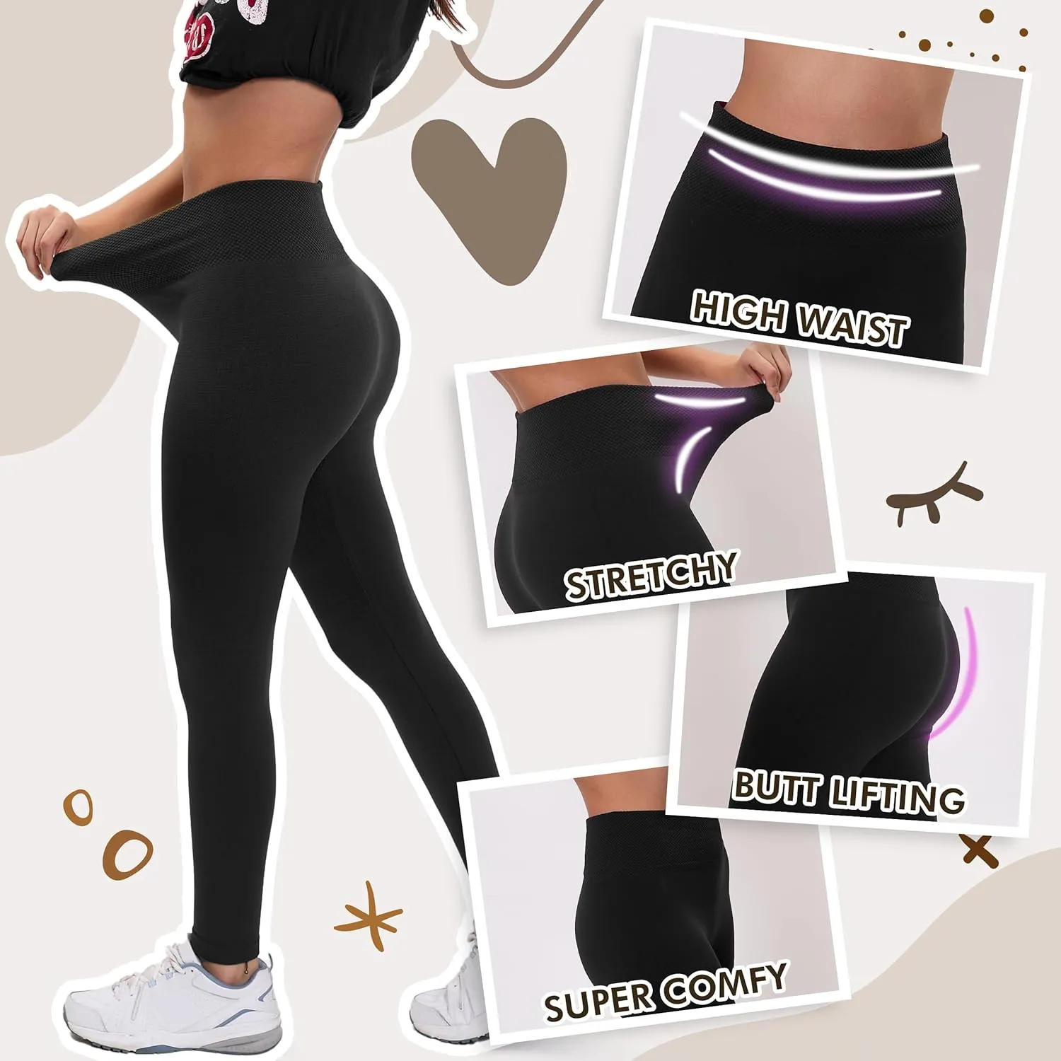 Active Club 3 or 6-Pack Fleece Lined Leggings for Women, High-Waisted Womens Leggings with Wide Waistband and Fleece Lining