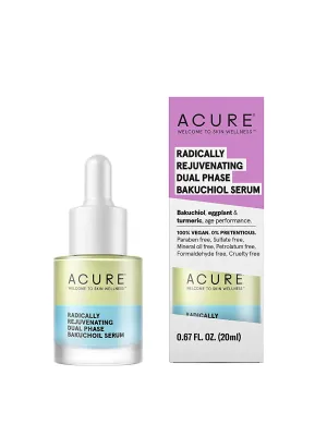 Acure Radically Rejuvenating Dual Phase Bakuchiol Serum, 100% Vegan, Provides Anti-Aging Support, Eggplant & Tumeric, Soothes, Hydrates & Antioxidant Rich, 0.67 Fl Oz
