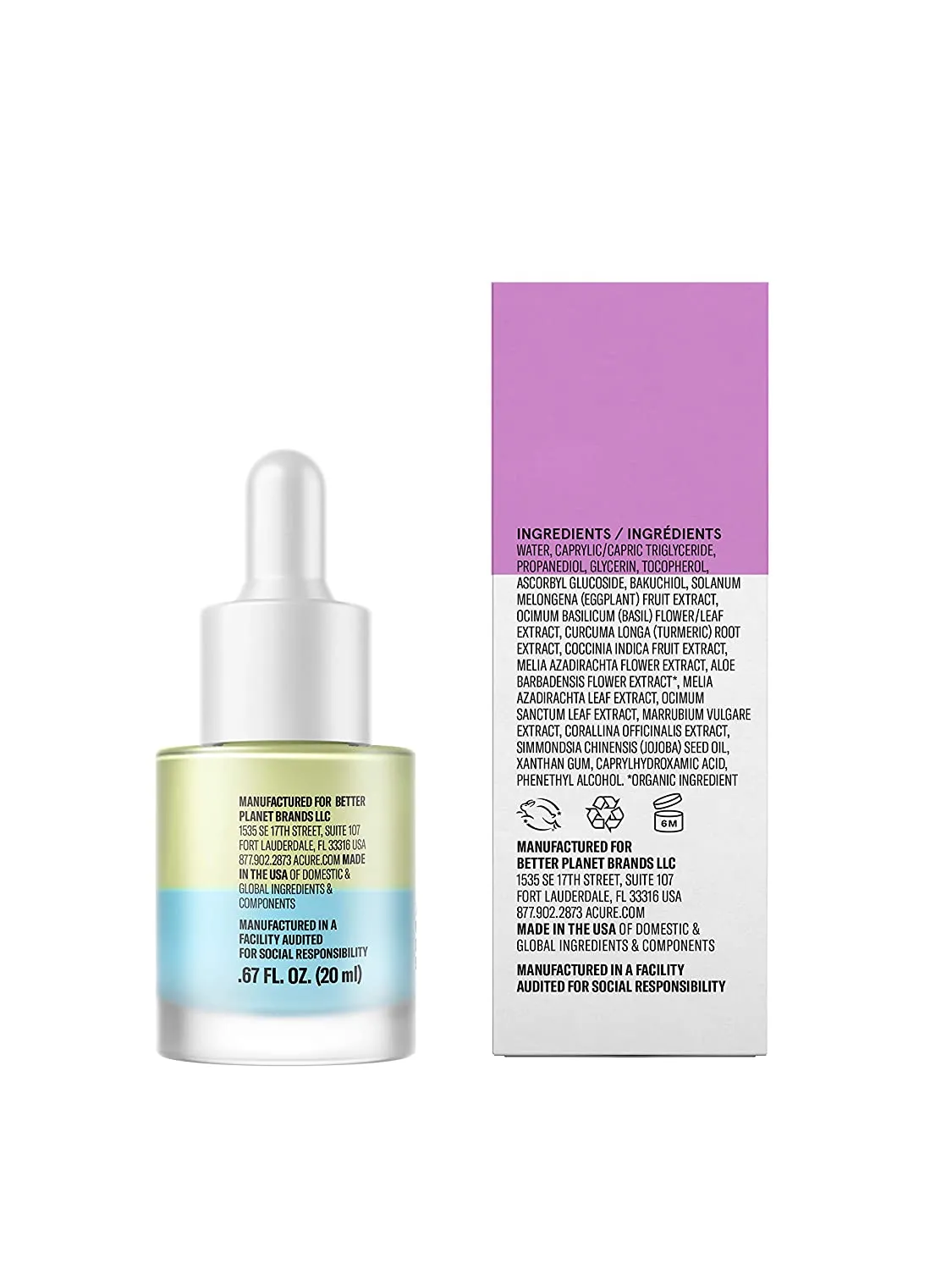 Acure Radically Rejuvenating Dual Phase Bakuchiol Serum, 100% Vegan, Provides Anti-Aging Support, Eggplant & Tumeric, Soothes, Hydrates & Antioxidant Rich, 0.67 Fl Oz