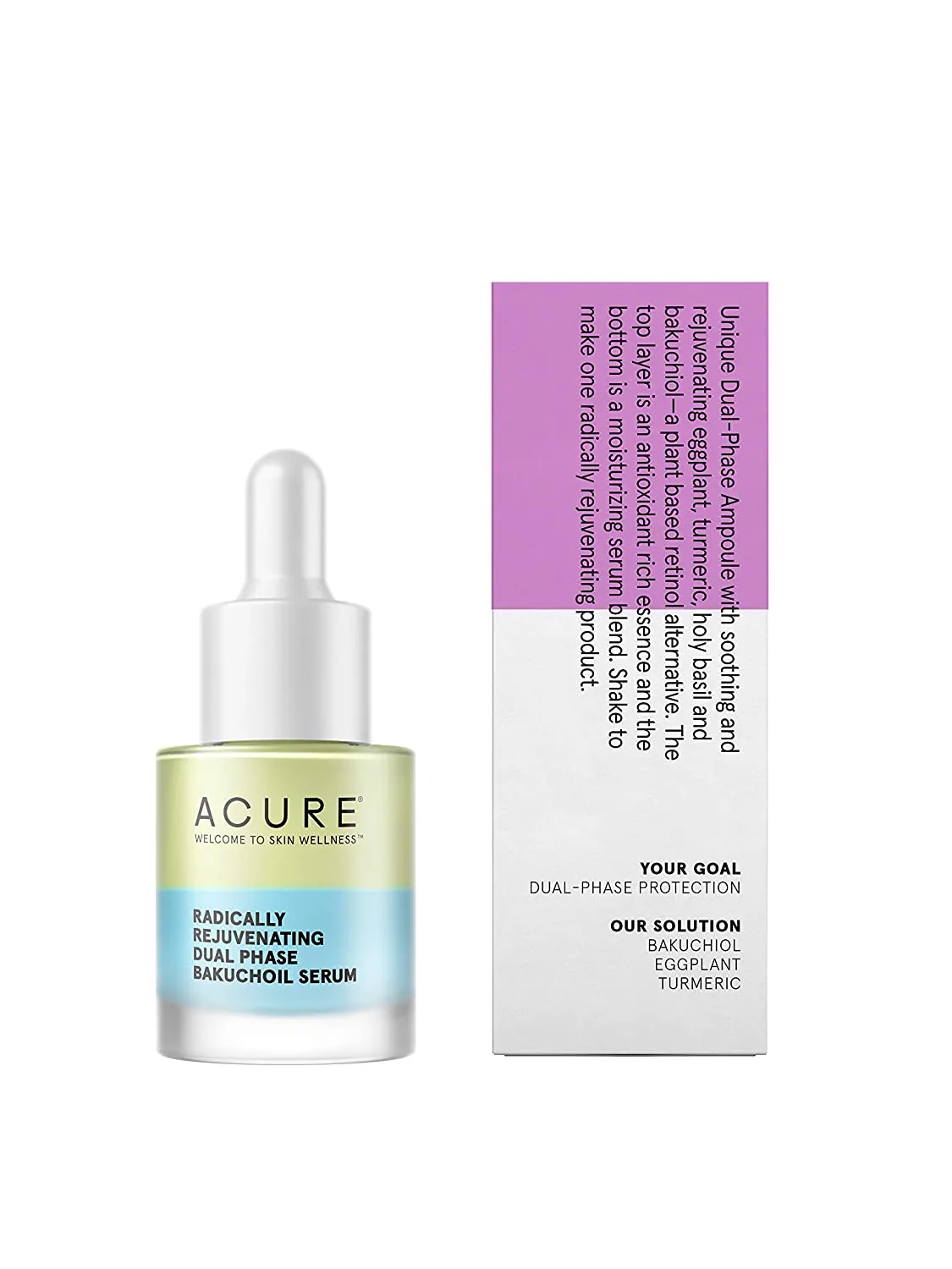 Acure Radically Rejuvenating Dual Phase Bakuchiol Serum, 100% Vegan, Provides Anti-Aging Support, Eggplant & Tumeric, Soothes, Hydrates & Antioxidant Rich, 0.67 Fl Oz