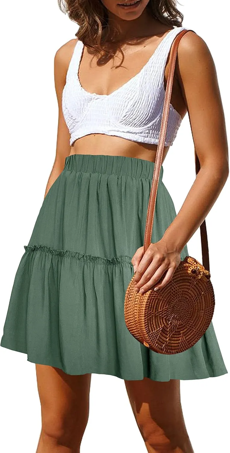 Afibi Women's Summer High Waist Floral Layered Ruffle Pleated Beach Mini Skirt