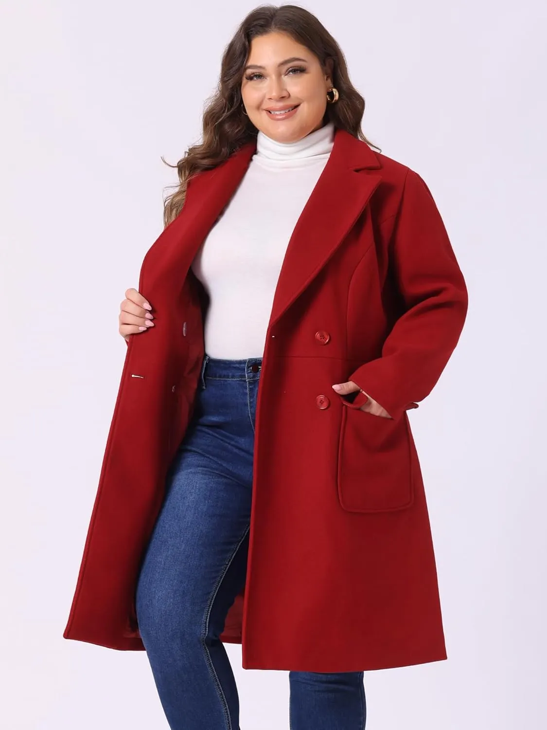 Agnes Orinda Women's Plus Size Long Winter Coats Notch Lapel Double Breasted Pea Trench Coats