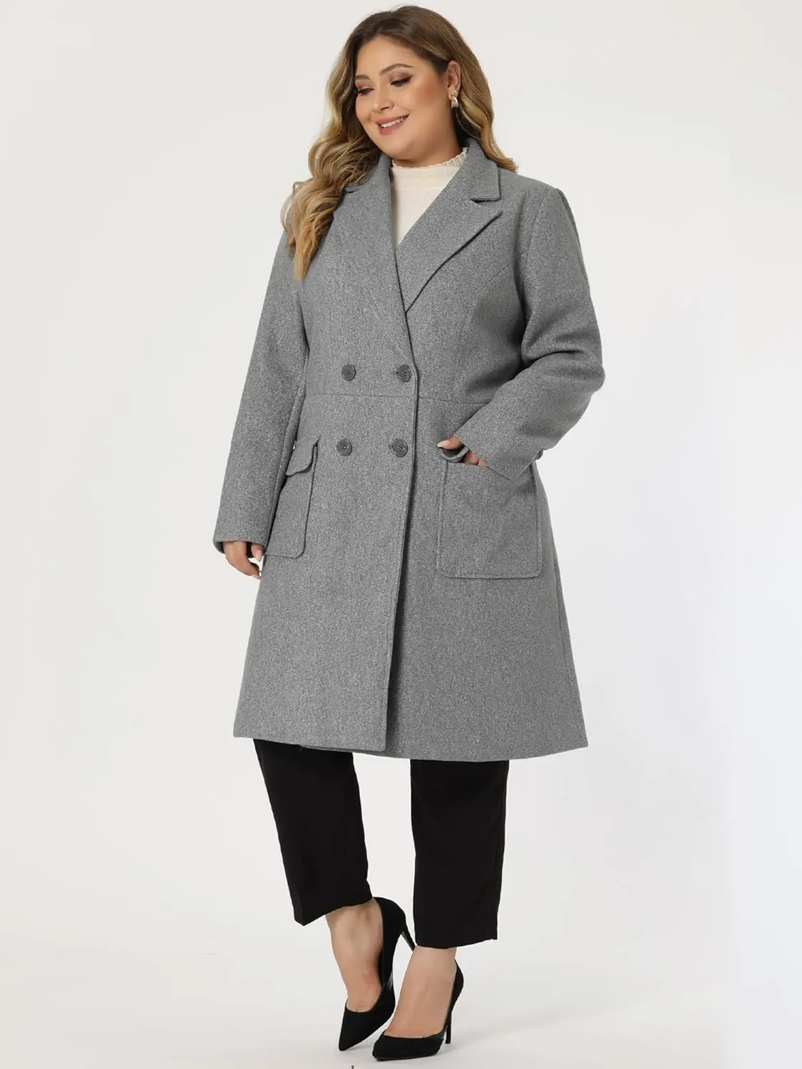 Agnes Orinda Women's Plus Size Long Winter Coats Notch Lapel Double Breasted Pea Trench Coats