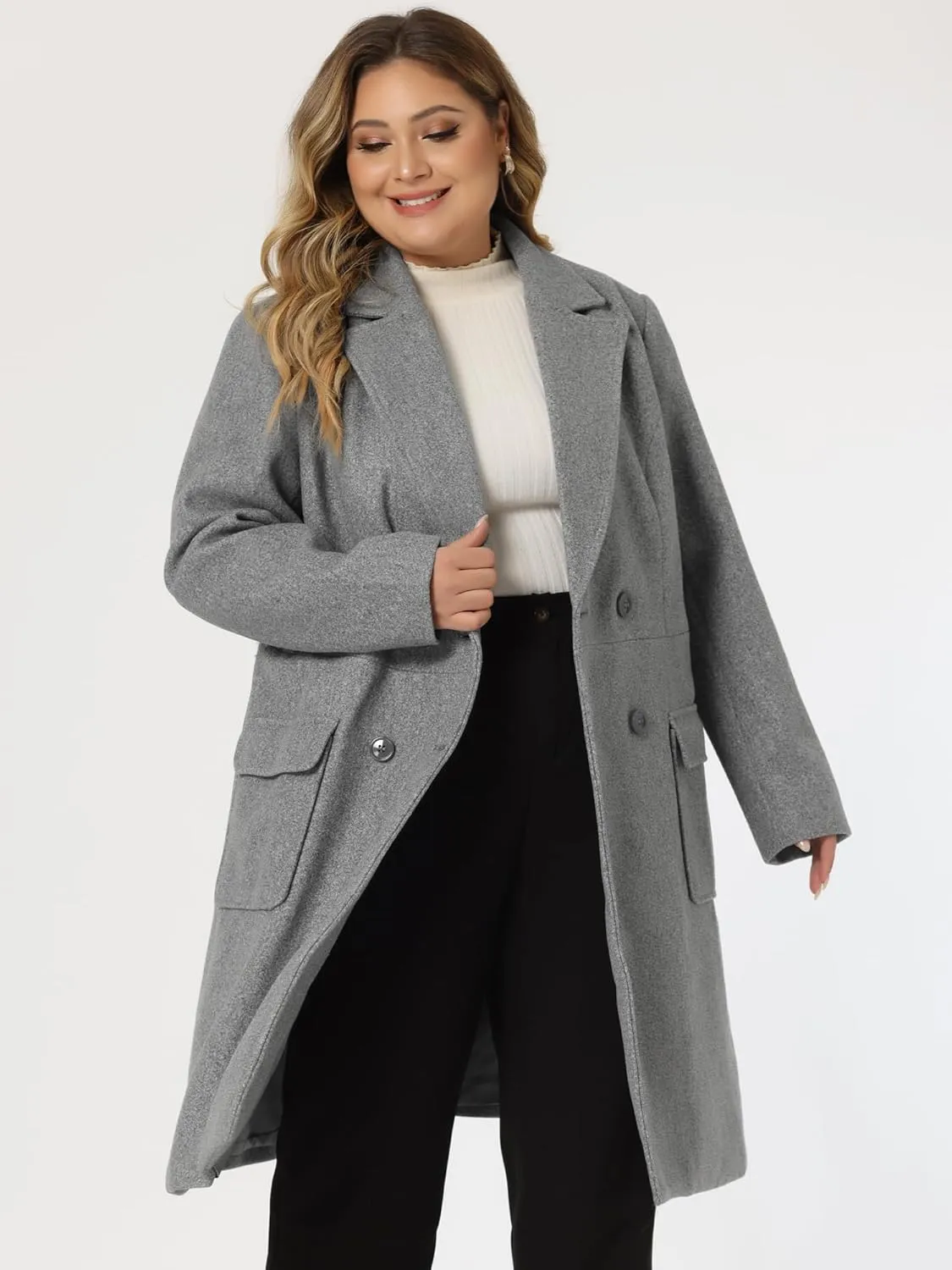 Agnes Orinda Women's Plus Size Long Winter Coats Notch Lapel Double Breasted Pea Trench Coats