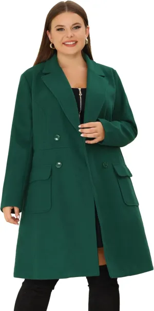 Agnes Orinda Women's Plus Size Long Winter Coats Notch Lapel Double Breasted Pea Trench Coats