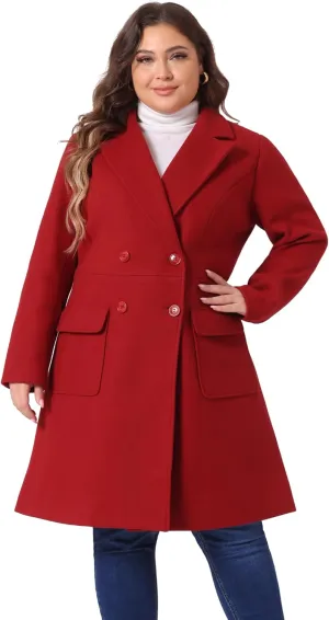 Agnes Orinda Women's Plus Size Long Winter Coats Notch Lapel Double Breasted Pea Trench Coats