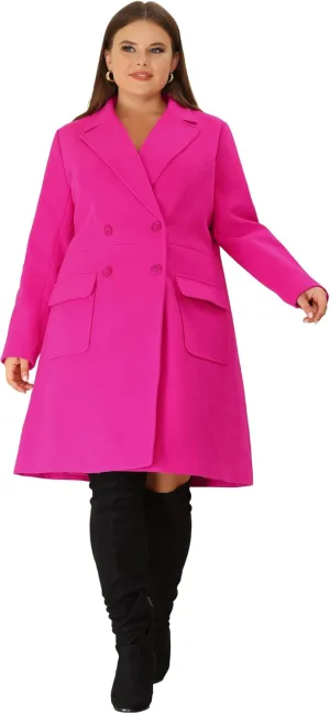 Agnes Orinda Women's Plus Size Long Winter Coats Notch Lapel Double Breasted Pea Trench Coats