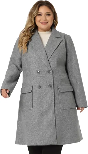 Agnes Orinda Women's Plus Size Long Winter Coats Notch Lapel Double Breasted Pea Trench Coats