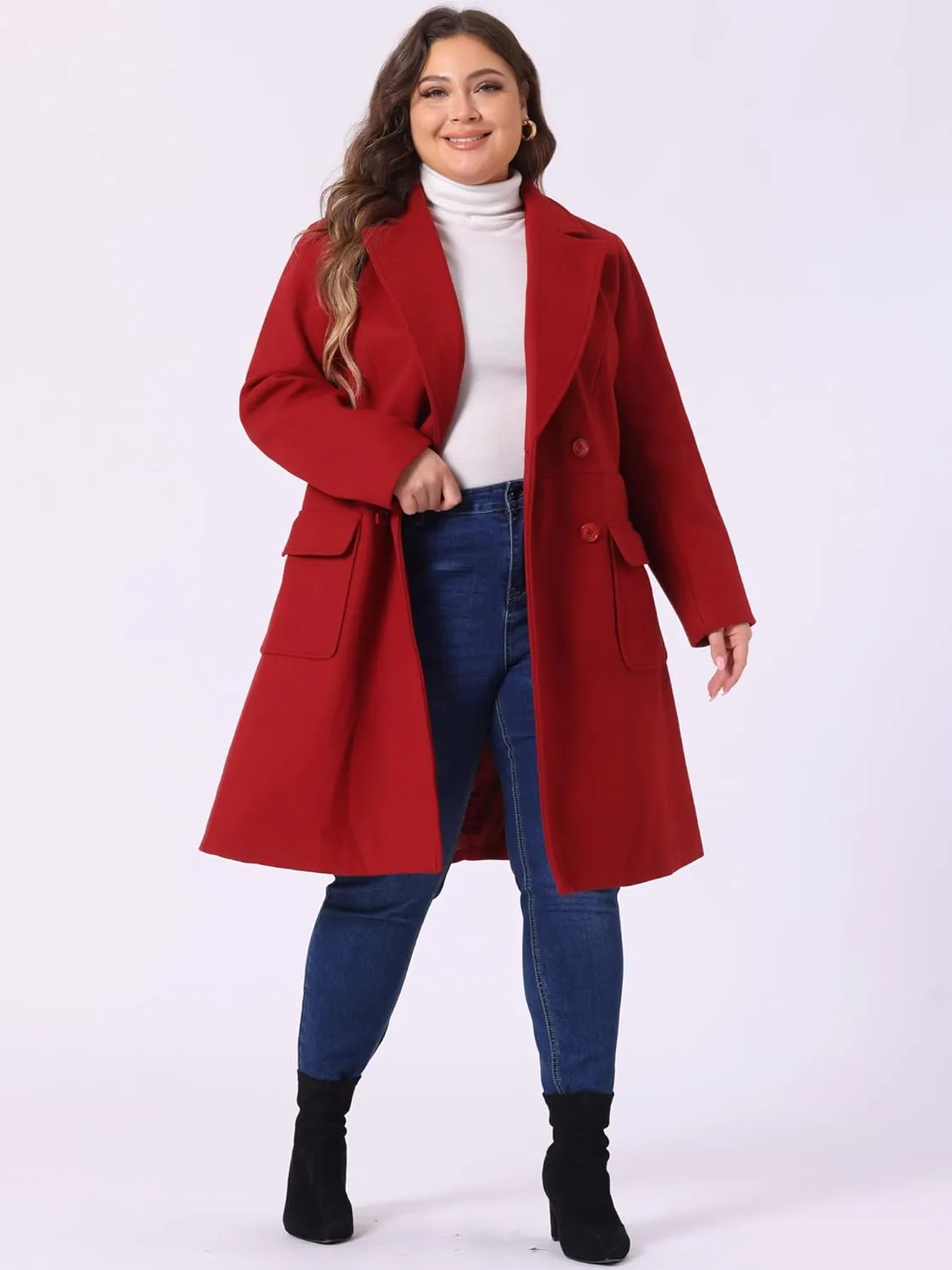 Agnes Orinda Women's Plus Size Long Winter Coats Notch Lapel Double Breasted Pea Trench Coats