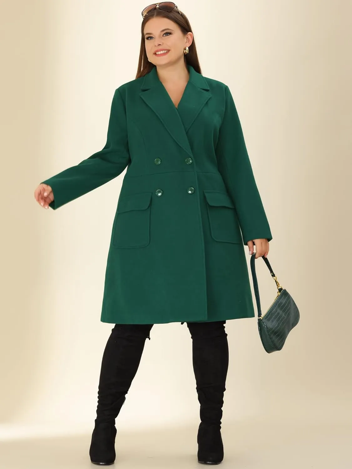 Agnes Orinda Women's Plus Size Long Winter Coats Notch Lapel Double Breasted Pea Trench Coats