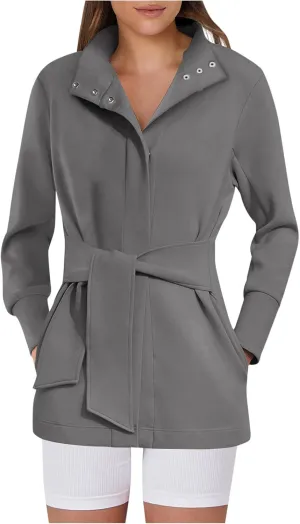 Akklian Womens Jacket Casual Long Sleeve Belted Wrap Trench Coat 2024 Fall Fashion Button Up Cropped Outerwear with Pockets