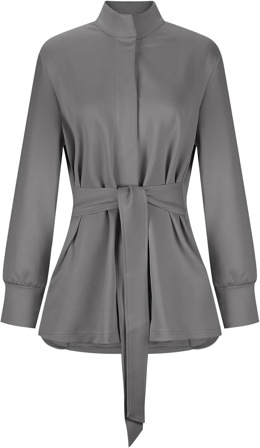 Akklian Womens Jacket Casual Long Sleeve Belted Wrap Trench Coat 2024 Fall Fashion Button Up Cropped Outerwear with Pockets