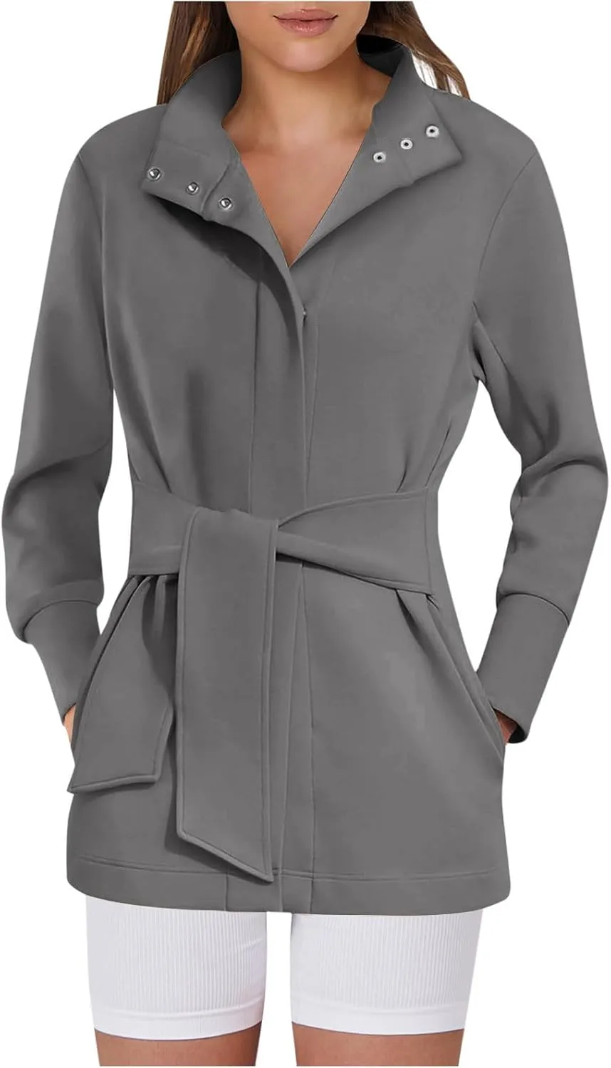 Akklian Womens Jacket Casual Long Sleeve Belted Wrap Trench Coat 2024 Fall Fashion Button Up Cropped Outerwear with Pockets