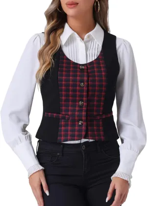Allegra K Vintage Waistcoat Vest for Women's Plaid Button Down Work Dressy Vests