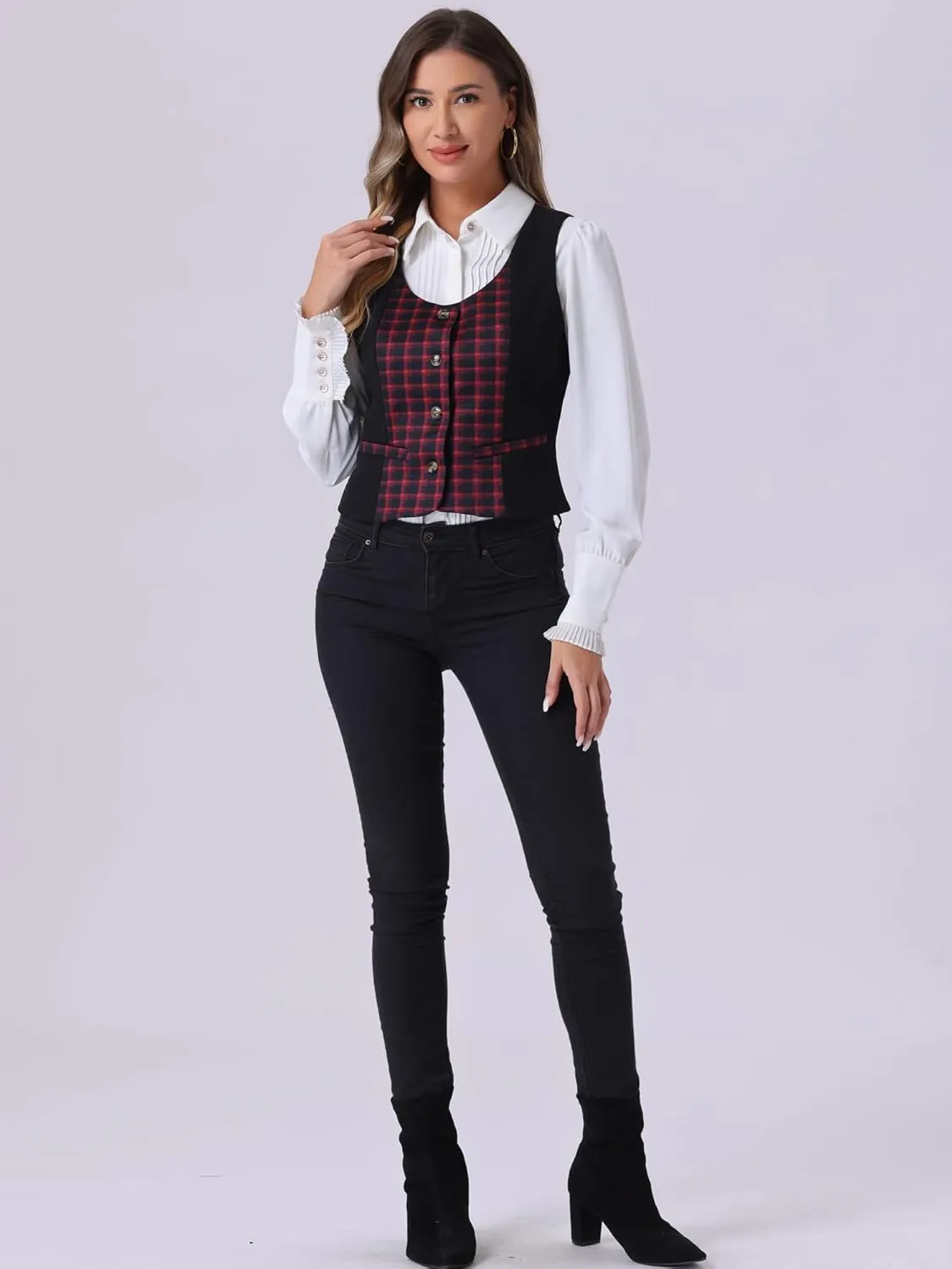 Allegra K Vintage Waistcoat Vest for Women's Plaid Button Down Work Dressy Vests