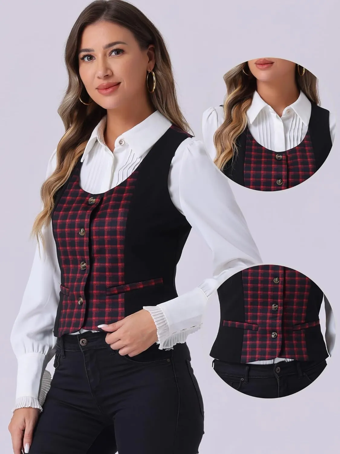 Allegra K Vintage Waistcoat Vest for Women's Plaid Button Down Work Dressy Vests