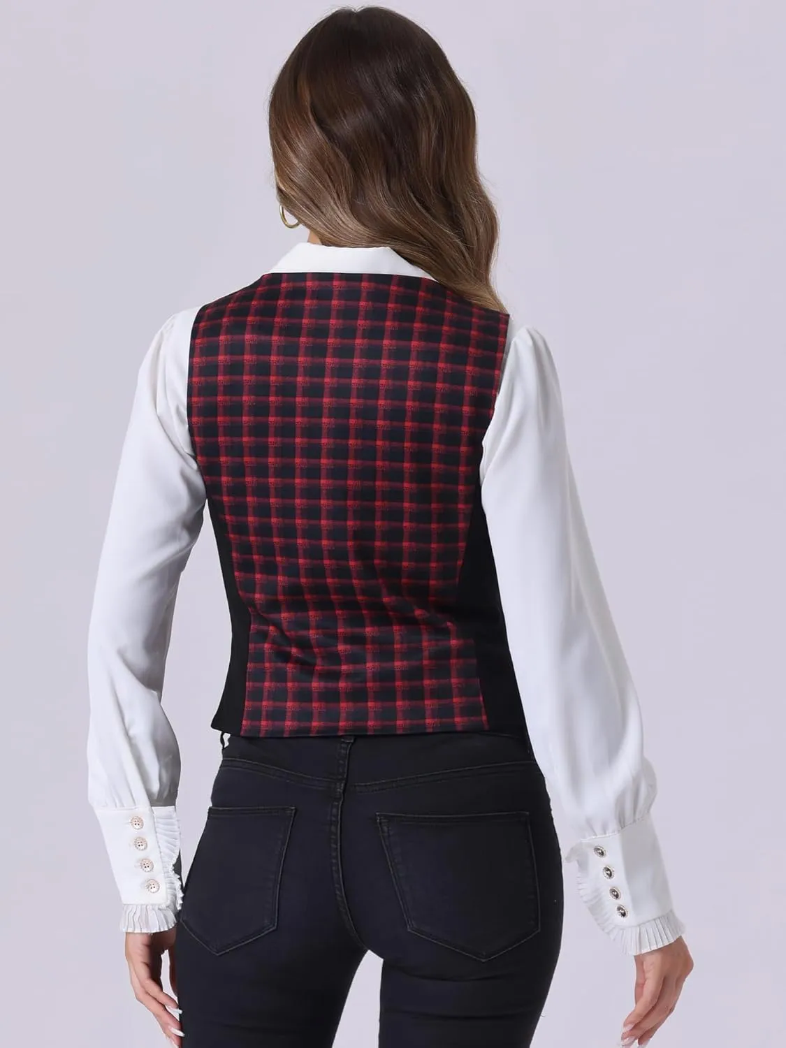 Allegra K Vintage Waistcoat Vest for Women's Plaid Button Down Work Dressy Vests