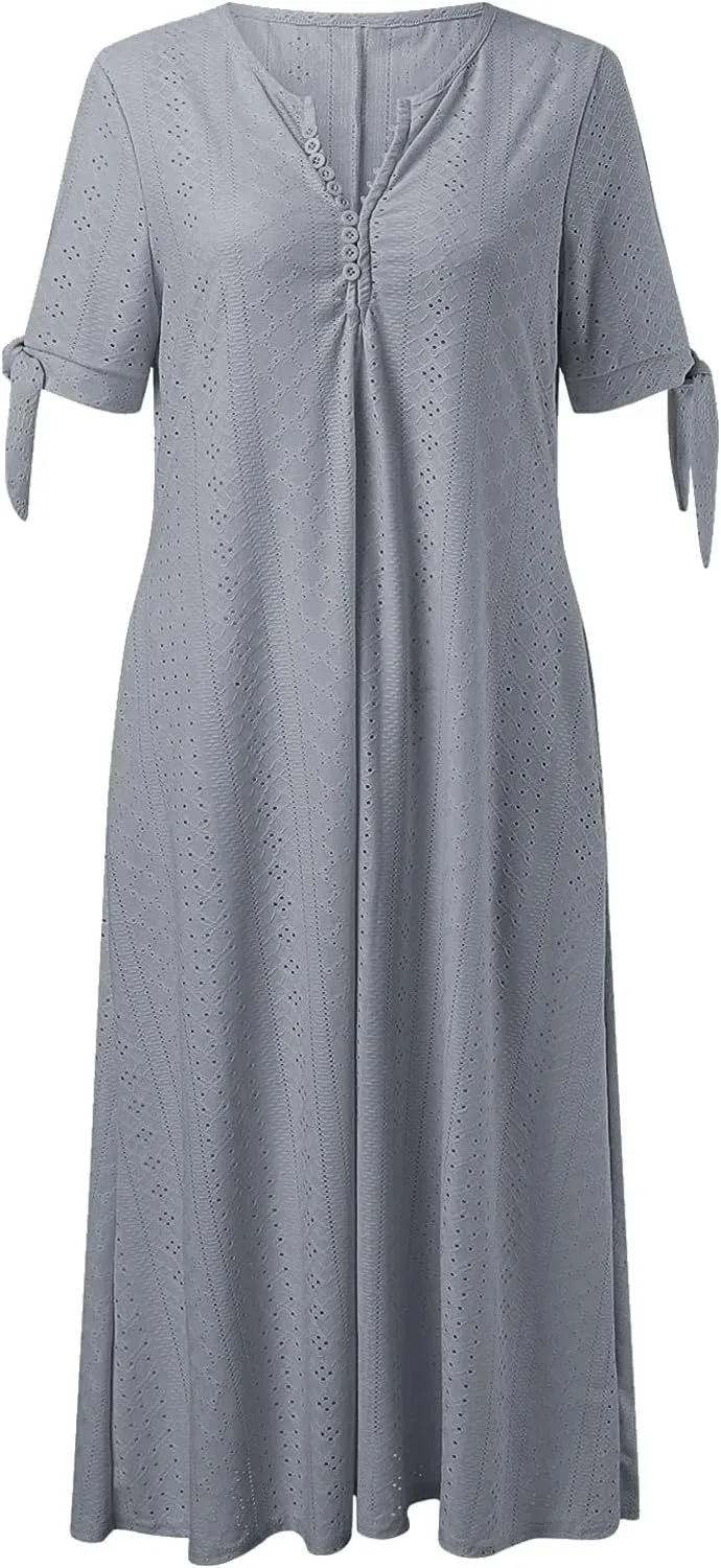 Aniywn Casual Summer Dresses for Women with Sleeves Trendy Short Sleeve Eyelet Tshirt Dress Bohemia Beach Vacation Sundress