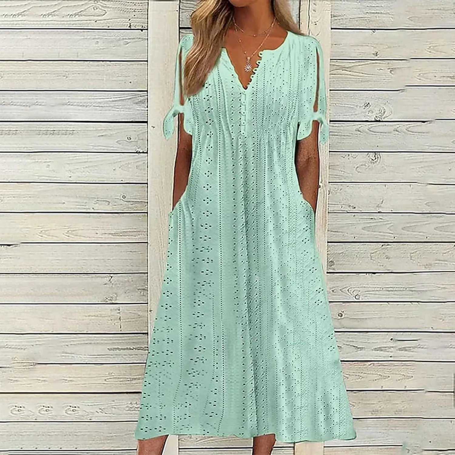 Aniywn Casual Summer Dresses for Women with Sleeves Trendy Short Sleeve Eyelet Tshirt Dress Bohemia Beach Vacation Sundress