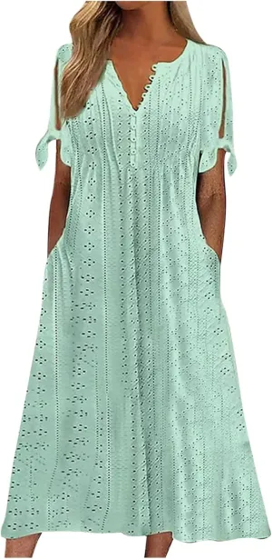 Aniywn Casual Summer Dresses for Women with Sleeves Trendy Short Sleeve Eyelet Tshirt Dress Bohemia Beach Vacation Sundress