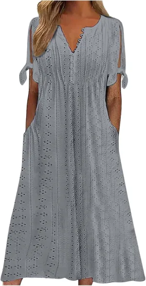 Aniywn Casual Summer Dresses for Women with Sleeves Trendy Short Sleeve Eyelet Tshirt Dress Bohemia Beach Vacation Sundress