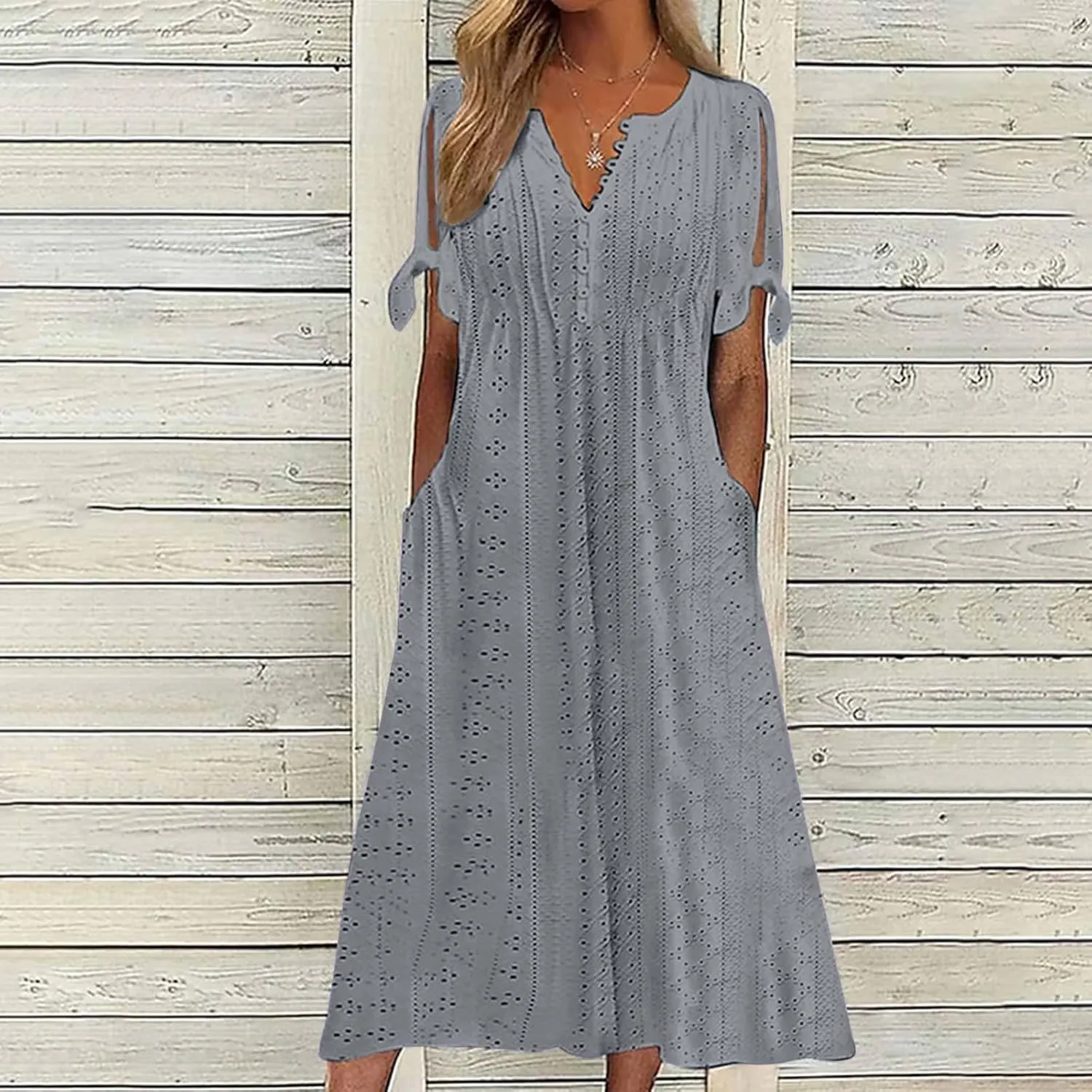 Aniywn Casual Summer Dresses for Women with Sleeves Trendy Short Sleeve Eyelet Tshirt Dress Bohemia Beach Vacation Sundress