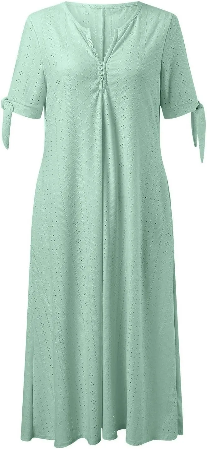 Aniywn Casual Summer Dresses for Women with Sleeves Trendy Short Sleeve Eyelet Tshirt Dress Bohemia Beach Vacation Sundress