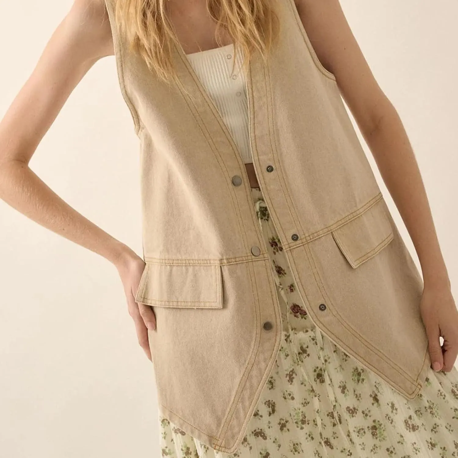 Aopwsrlyi Women's Long Denim Vest Sleeveless Button Down V Neck Jean Jacket Oversized Denim Vests