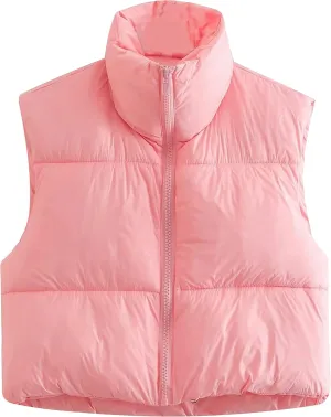 APAFES Womens Winter Cropped Puffer Vest High Stand Collar Lightweight Insulated Crop Vests Outerwear