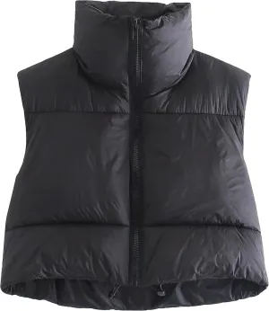 APAFES Womens Winter Cropped Puffer Vest High Stand Collar Lightweight Insulated Crop Vests Outerwear
