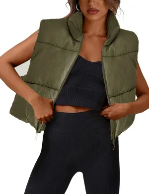 Athlisan Womens Cropped Puffer Vest Zip Up Stand Collar Sleeveless Padded Crop Vests