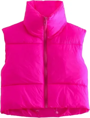 Athlisan Womens Cropped Puffer Vest Zip Up Stand Collar Sleeveless Padded Crop Vests