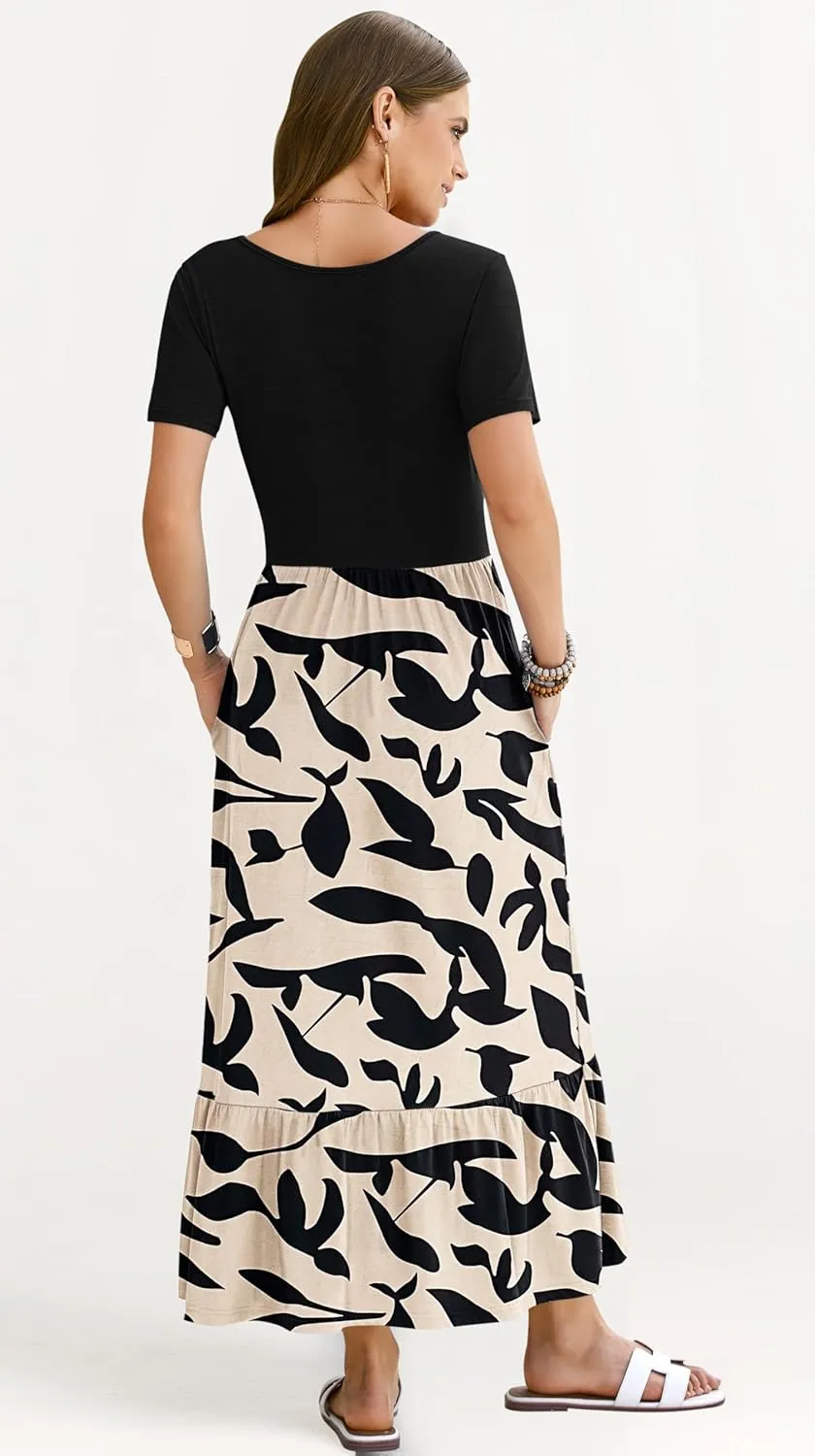 AUSELILY Womens Summer Dresses 2025 Short Sleeve Maxi Dress Crewneck Casual Sundresses with Pockets