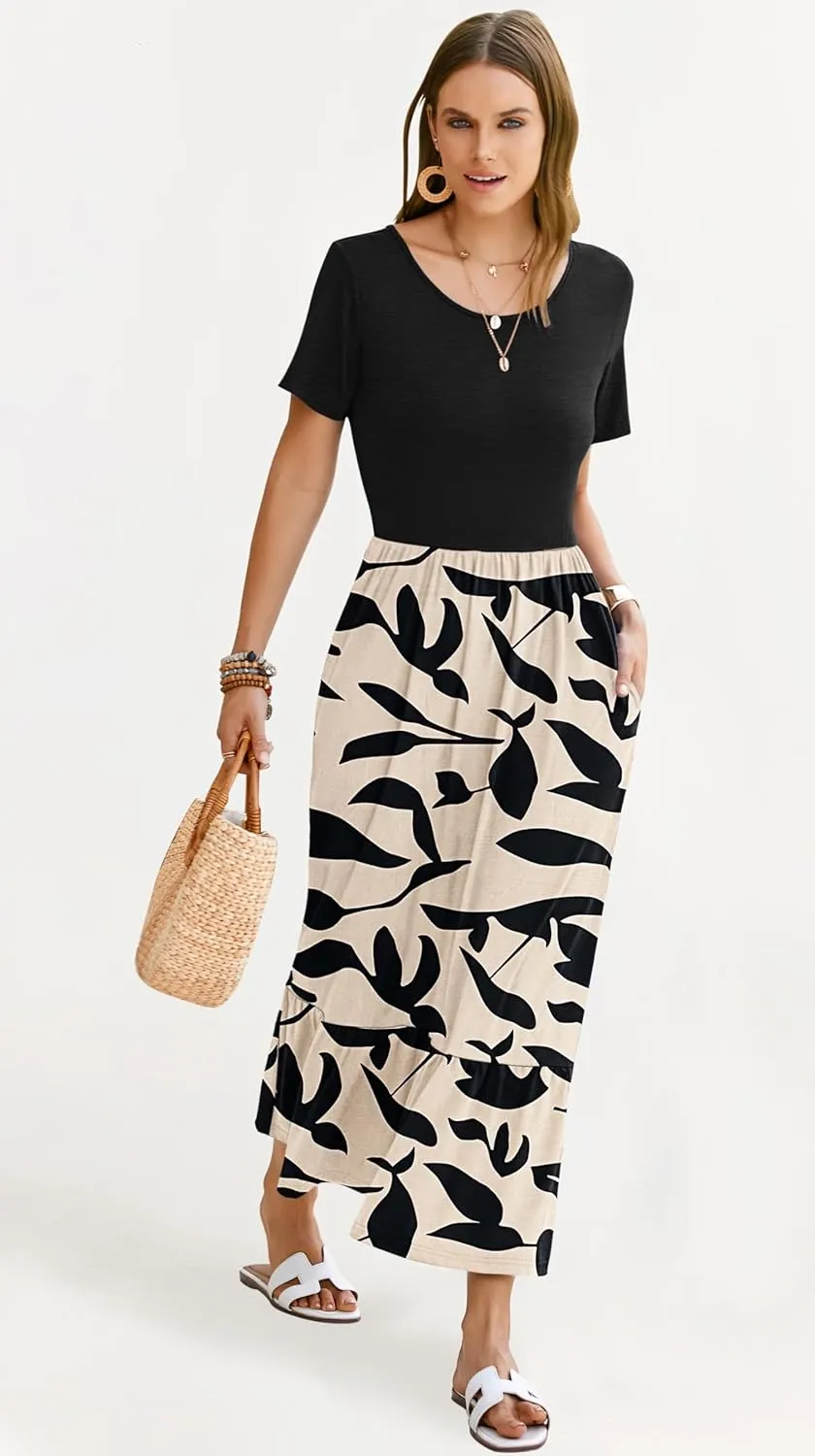 AUSELILY Womens Summer Dresses 2025 Short Sleeve Maxi Dress Crewneck Casual Sundresses with Pockets
