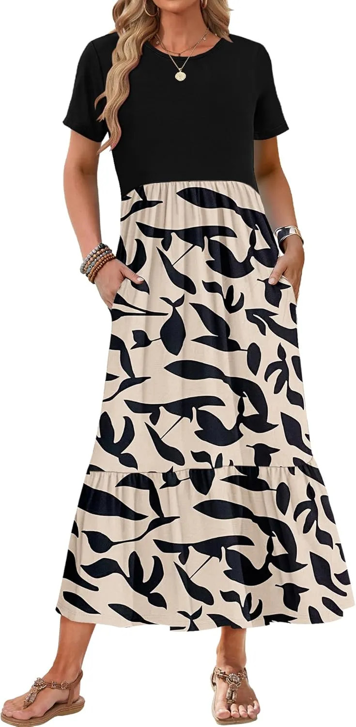 AUSELILY Womens Summer Dresses 2025 Short Sleeve Maxi Dress Crewneck Casual Sundresses with Pockets